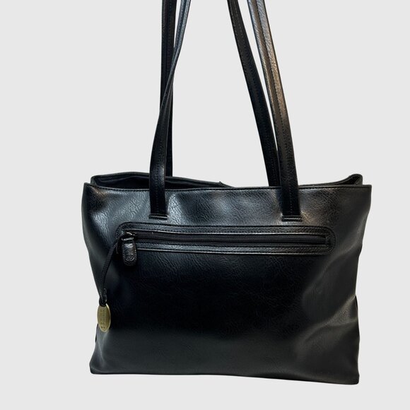 Crazy Horse Black Faux Leather Tote Bag With Double Straps & Zipper Closure - Picture 1 of 11